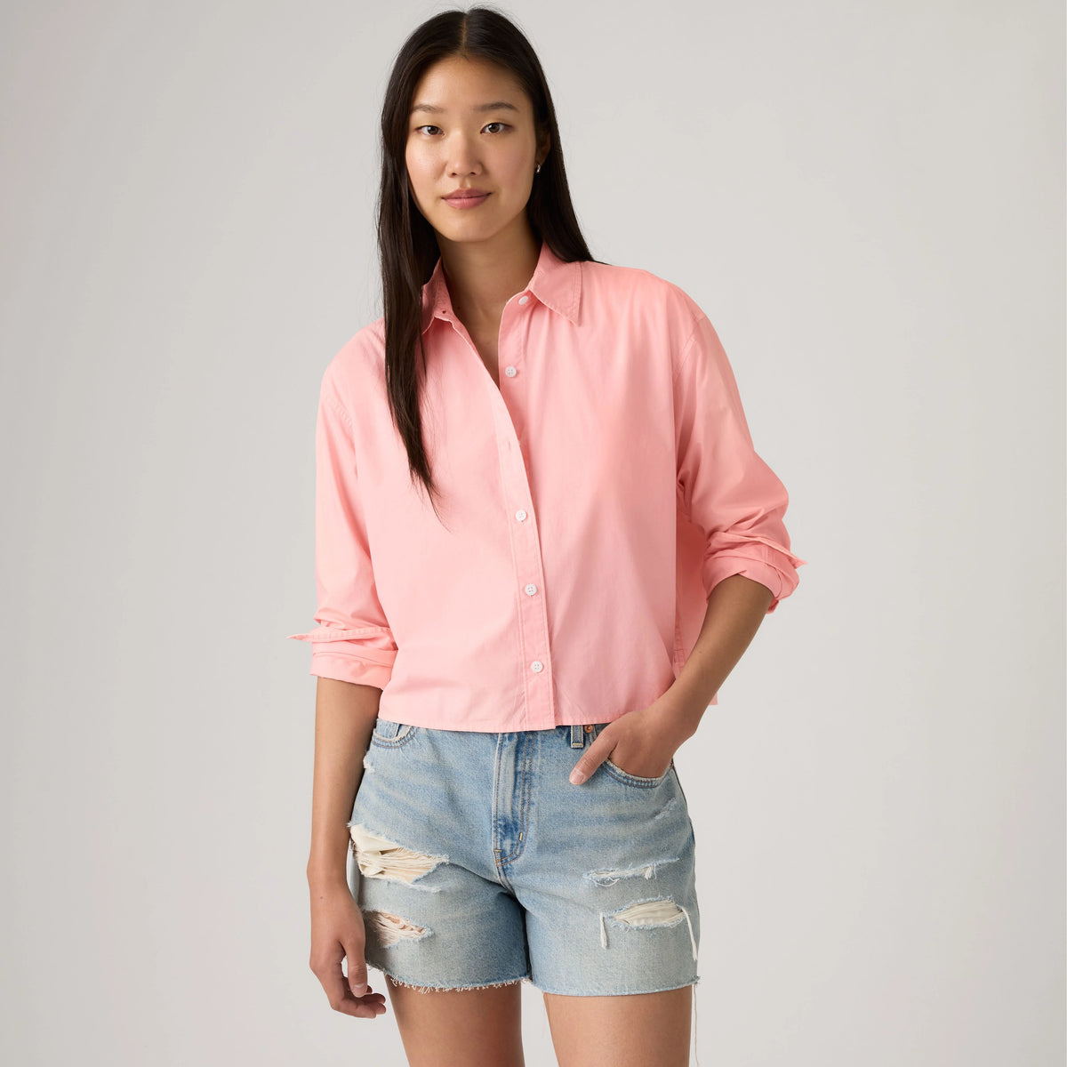 Harlie Cropped Button Down Shirt - Garment Dye Coral Blush - Pink