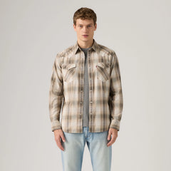 Classic Western Standard Fit Shirt - Floyd Plaid White Pepper Twill - Brown