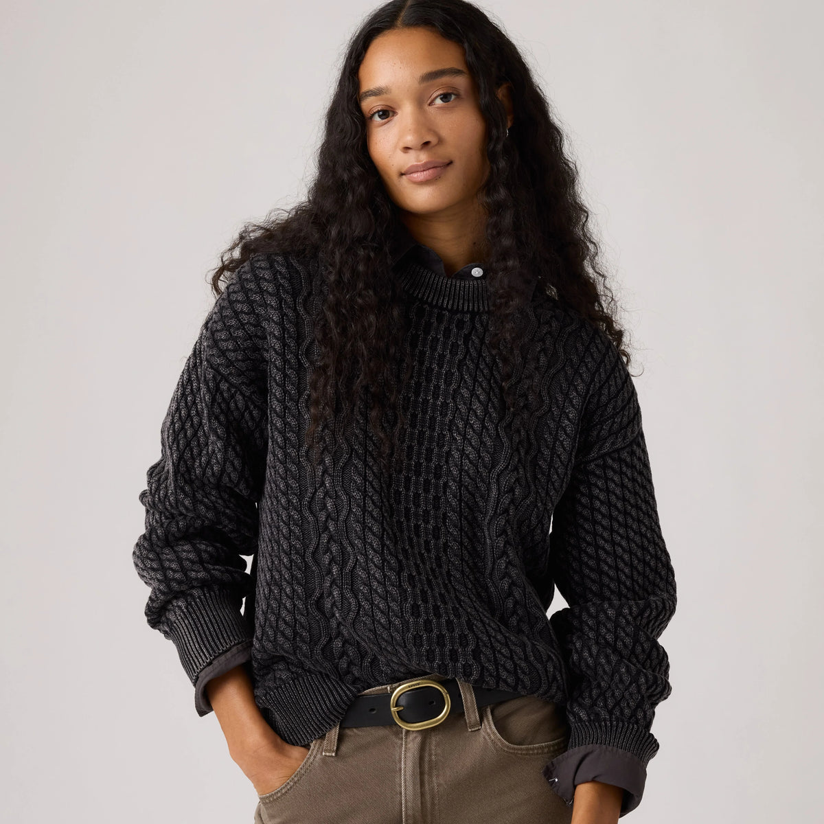 Leilah Cable Crewneck Sweater - Washed Anthracite Ni - Black