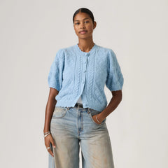 Pauline Pointelle Short-Sleeve Cardigan - Glacier Lake - Blue