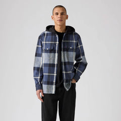 Plaid Hooded Classic Worker Shirt - Temescal Plaid Vintage Indigo - Blue