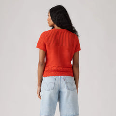 Isabelle Crochet Short Sleeve Sweater - Signal Red - Red
