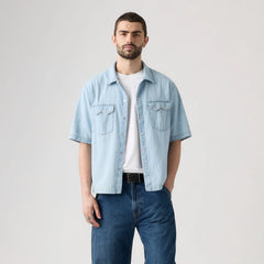 Short Sleeve Boxy Western Shirt - In A Rush - Medium Wash