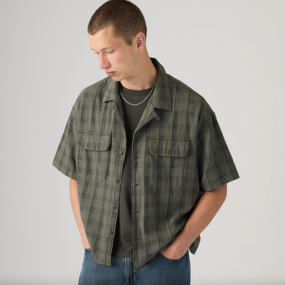 Boxy Utility Camp Shirt - Atkins Plaid Mulled Basil - White