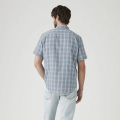 Short-Sleeve Sunset One Pocket Cotton Linen Shirt - Leon Plaid Bright White - Blue