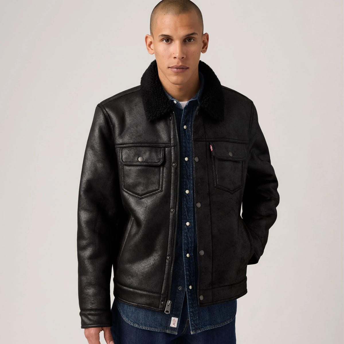 Two Chest Pocket Faux Shearling Sherpa Collar Jacket - Black