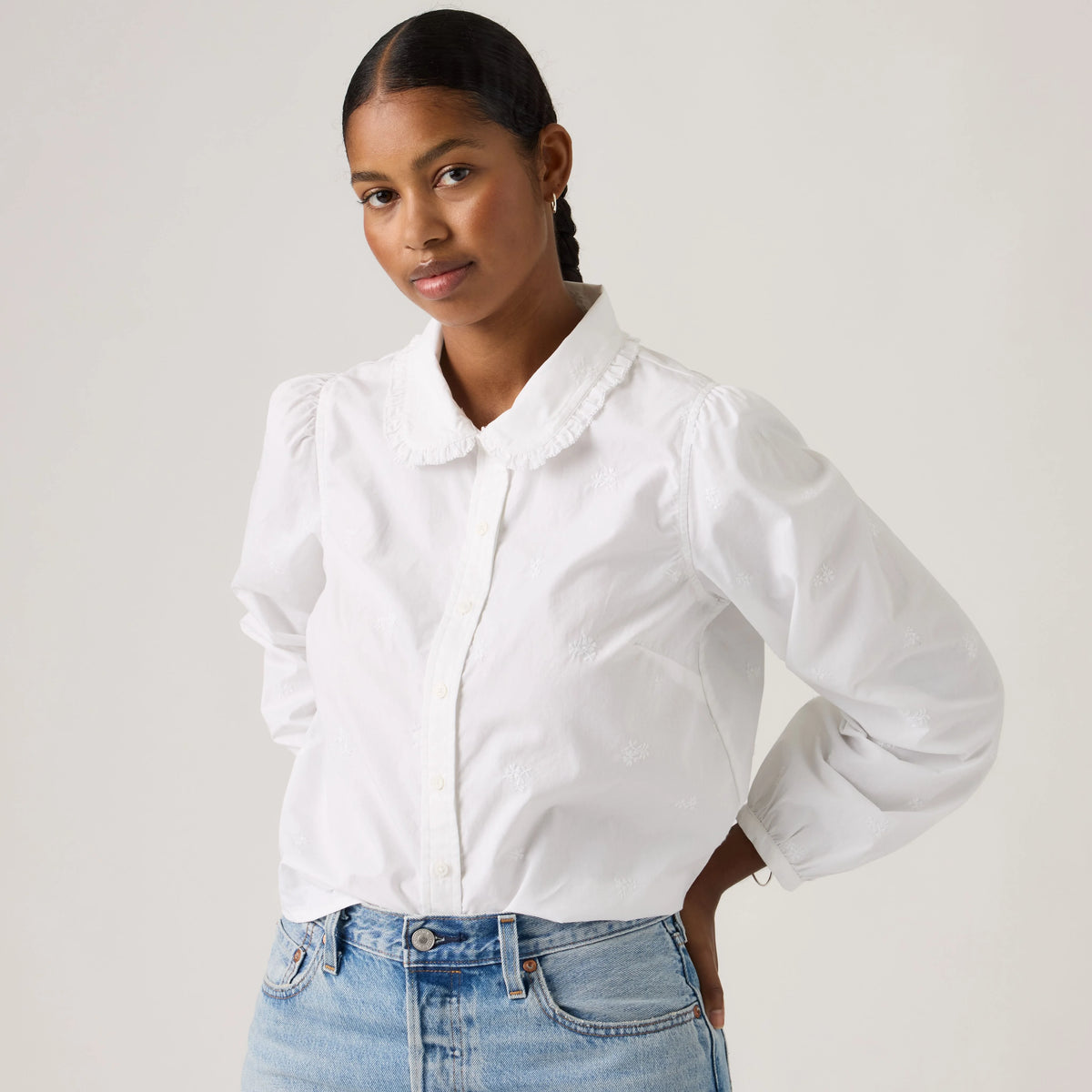 Calista Collared Shirt - Bright White Floral - White