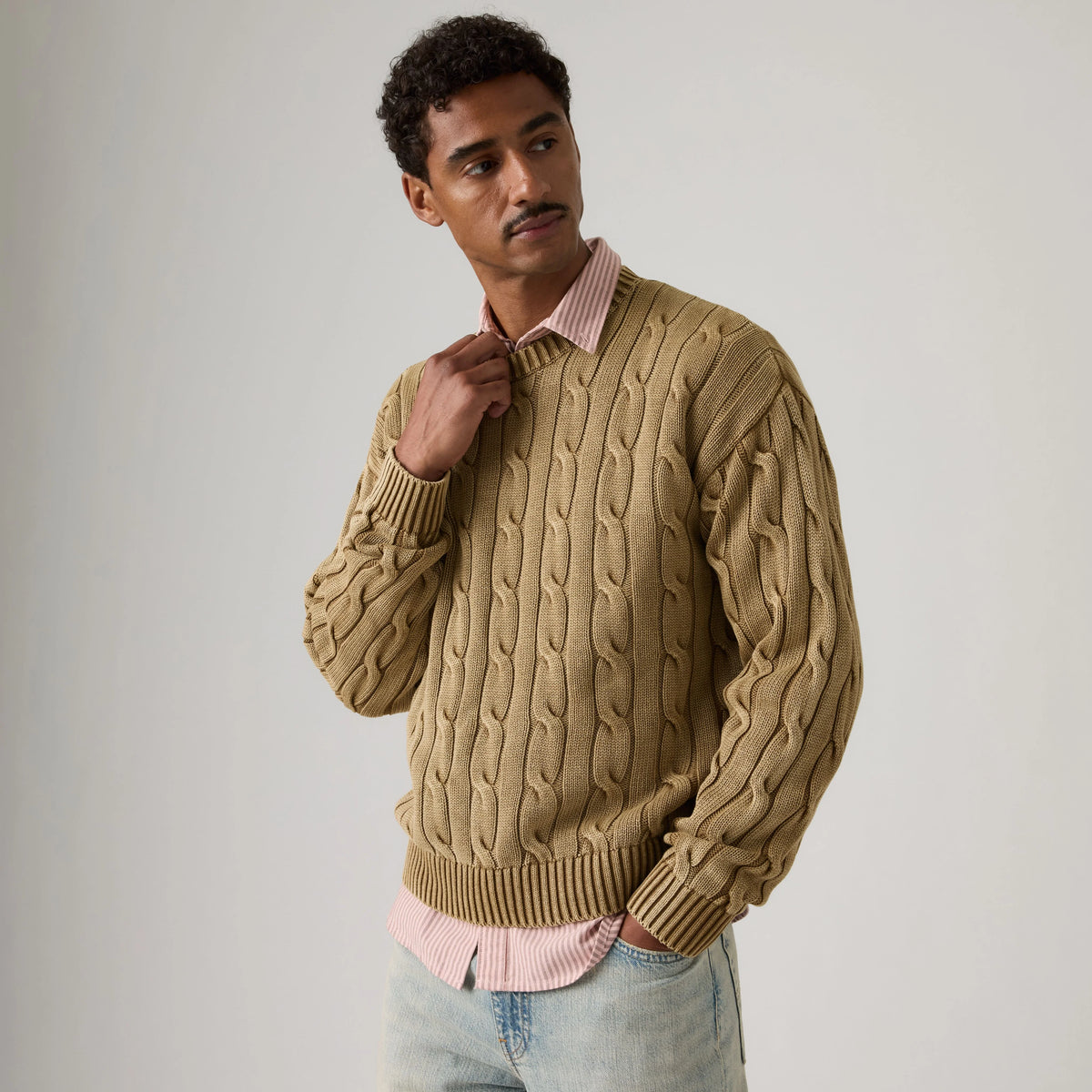 Carmel Cable Crew Sweater - Pine Bark - Brown