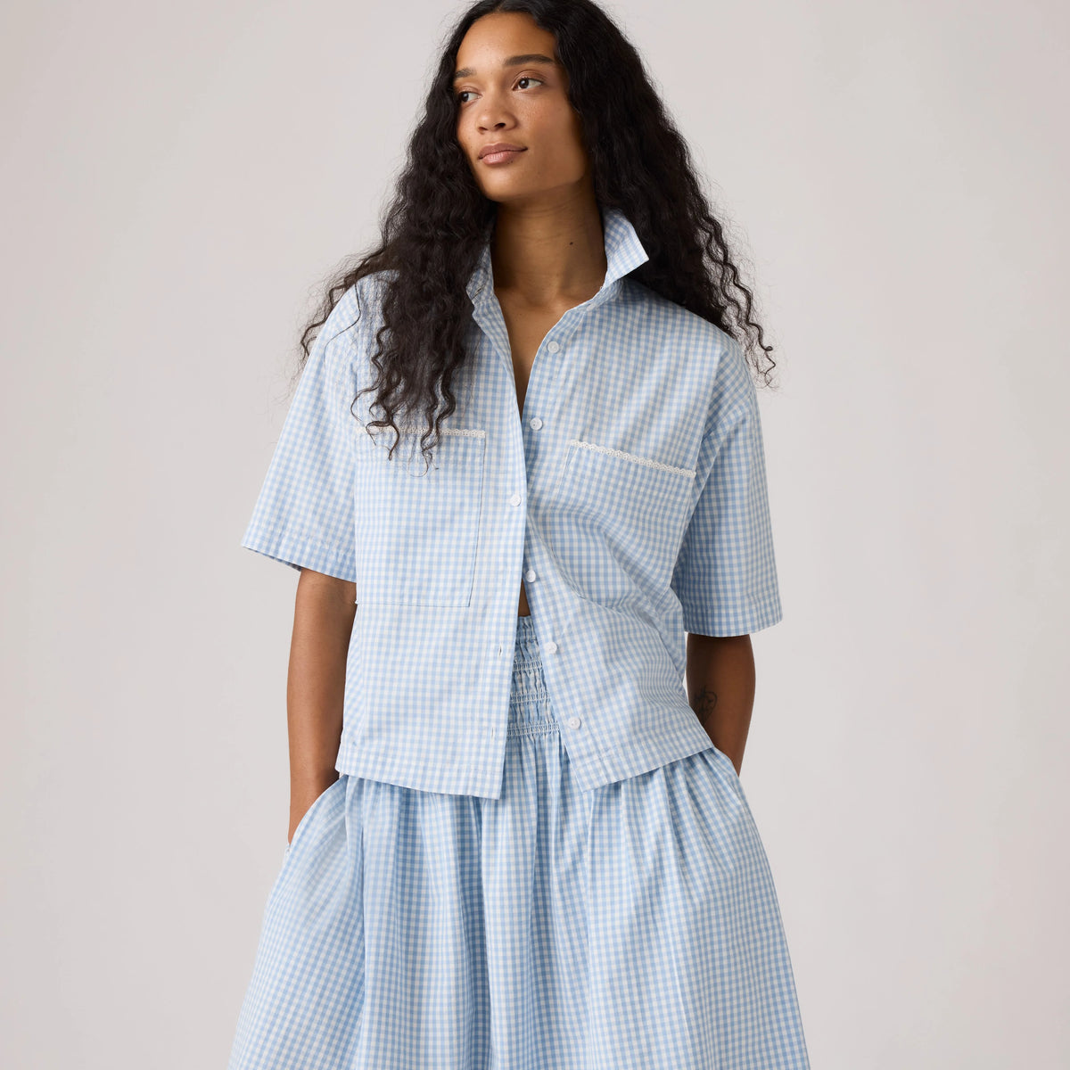 Harlie Novelty Short-Sleeve Cropped Shirt - Shelly Check Glacier - Blue
