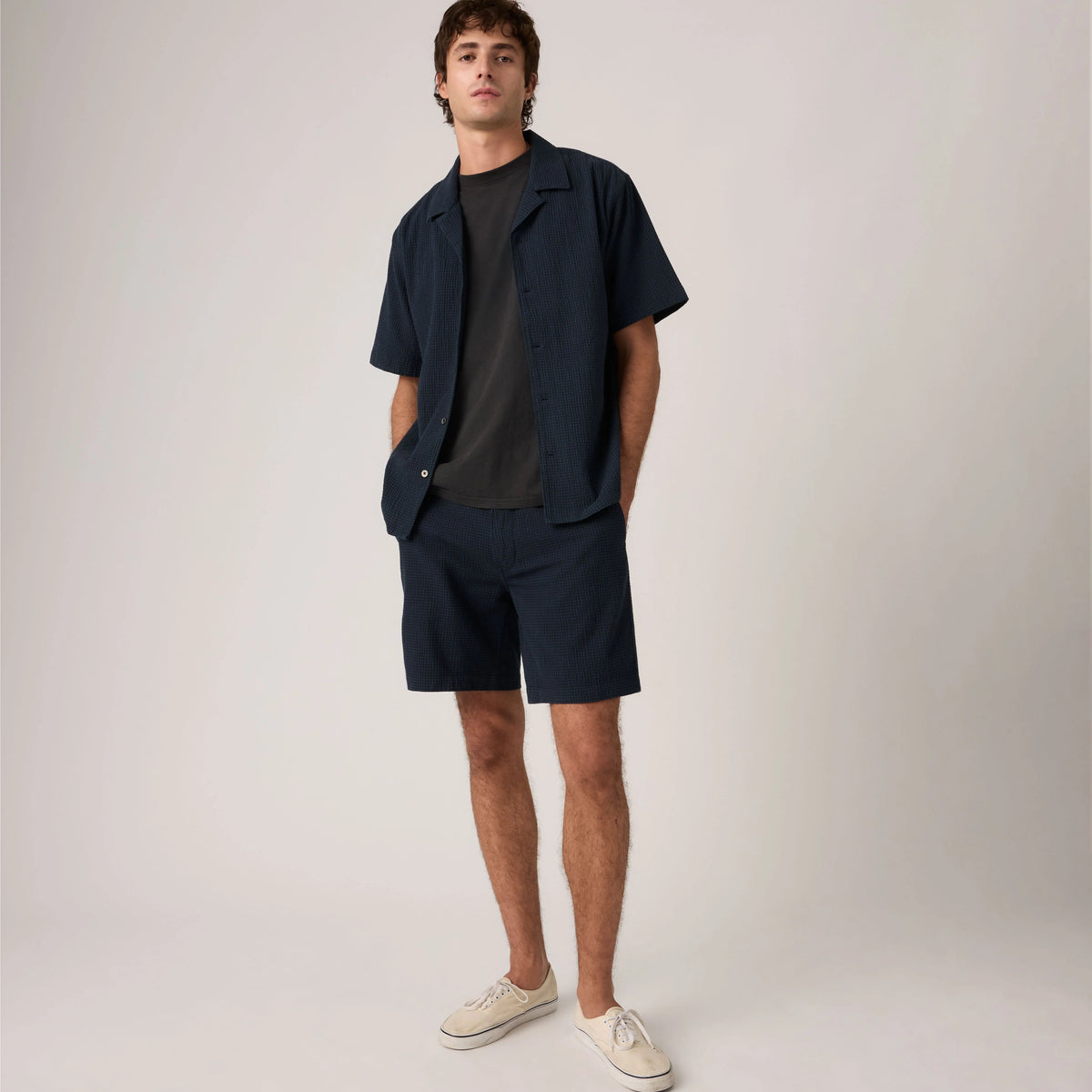 XX Chino Authentic Relaxed Seersucker 8" Men's Shorts - Cadiz Plaid Navy Plaid Seersucker - Blue
