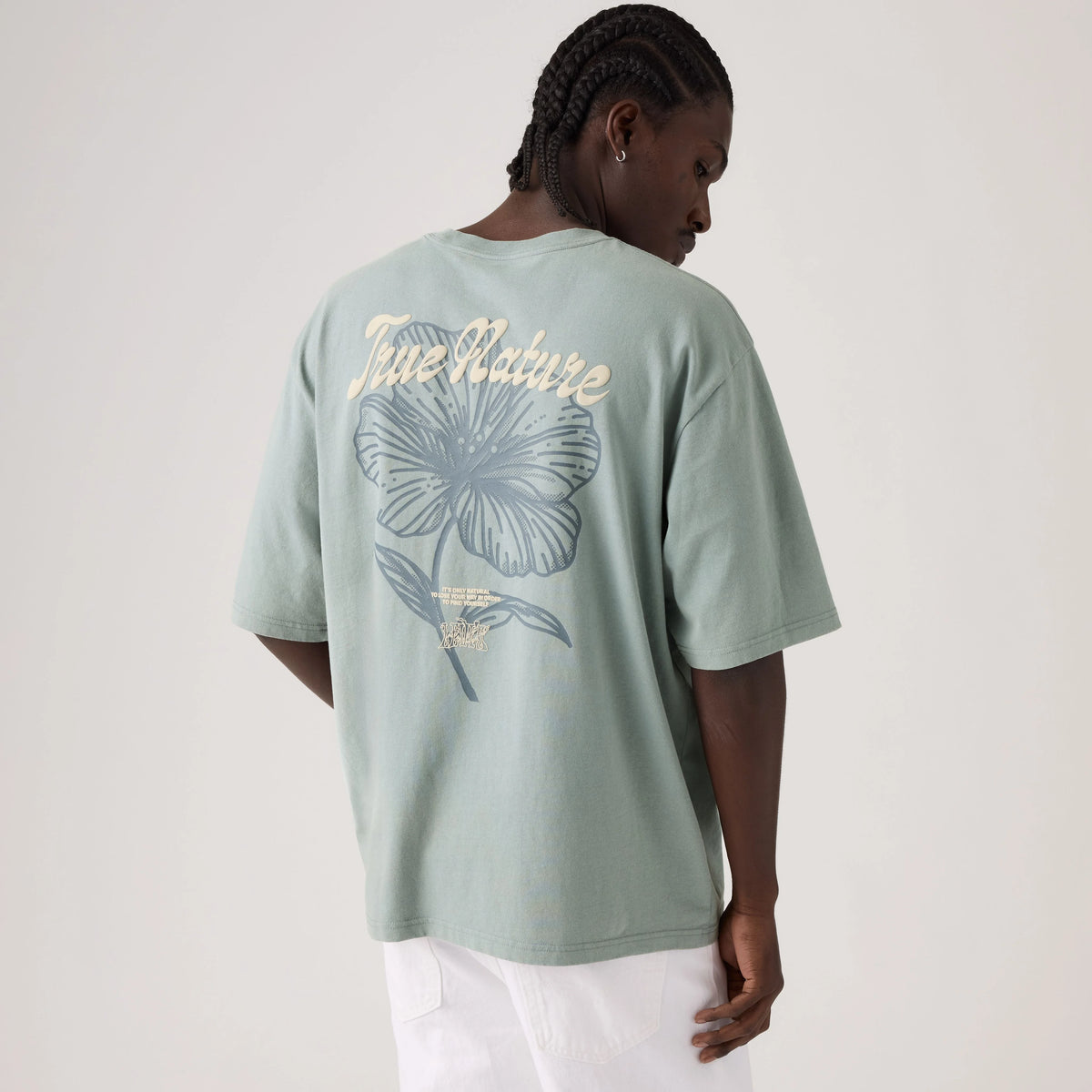 Loose Fit Half-Sleeve Graphic T-Shirt - Tonal Script Floral Lead - Blue
