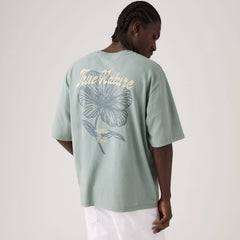 Loose Fit Half-Sleeve Graphic T-Shirt - Tonal Script Floral Lead - Blue