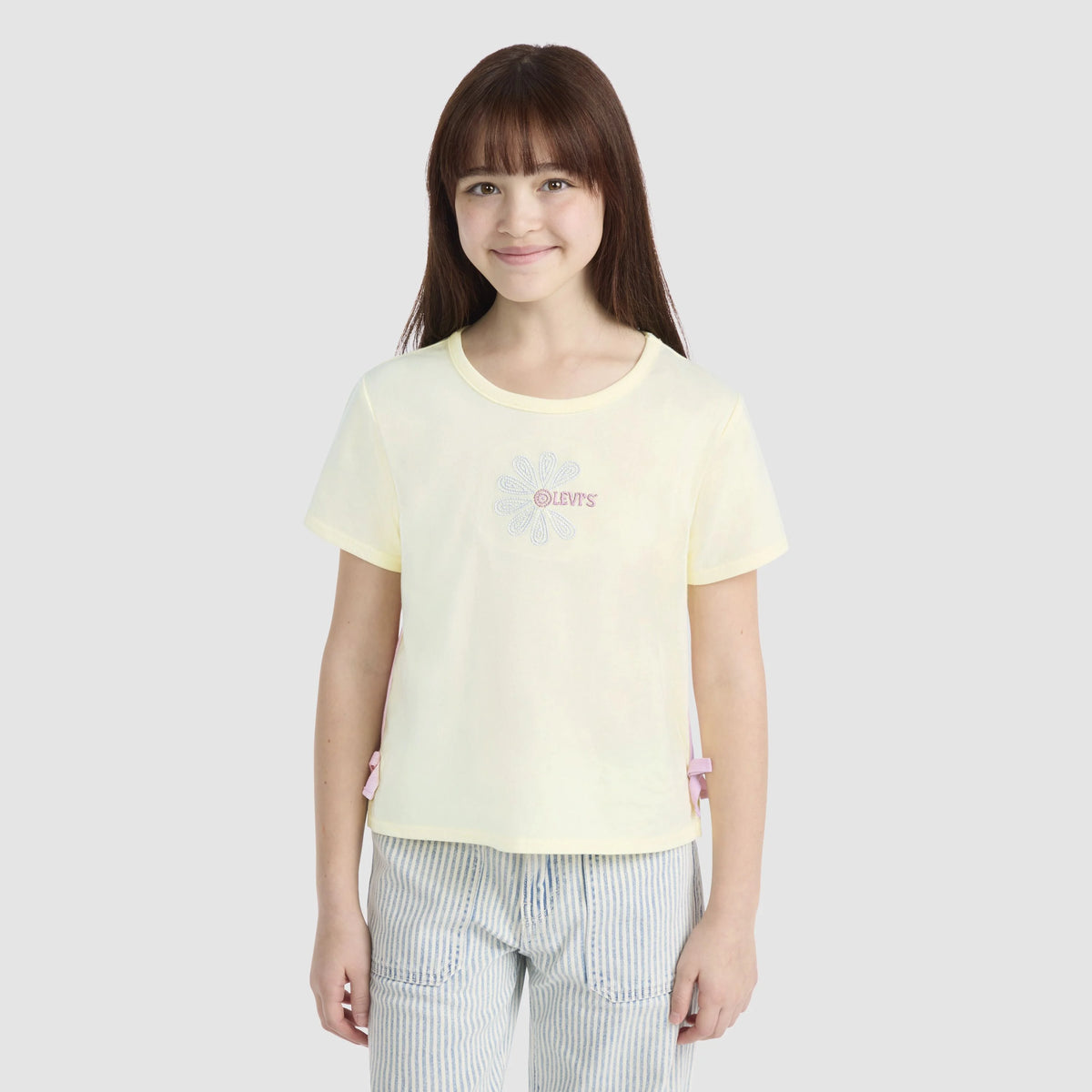 Short Sleeve Daisy Side Tie Knit Top Big Girls 7-16 - French Vanilla - White