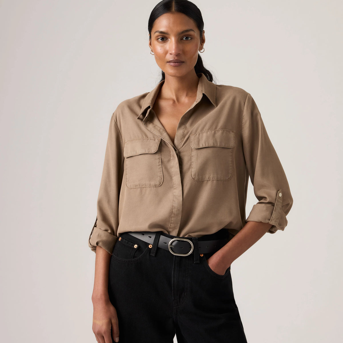 Elaine Utility Button Up Shirt - Garment Dye Pine Bark - Brown