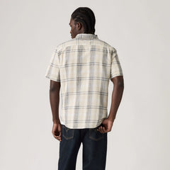 Short-Sleeve Sunset One Pocket Cotton Linen Shirt - Karlo Plaid Oatmeal - White
