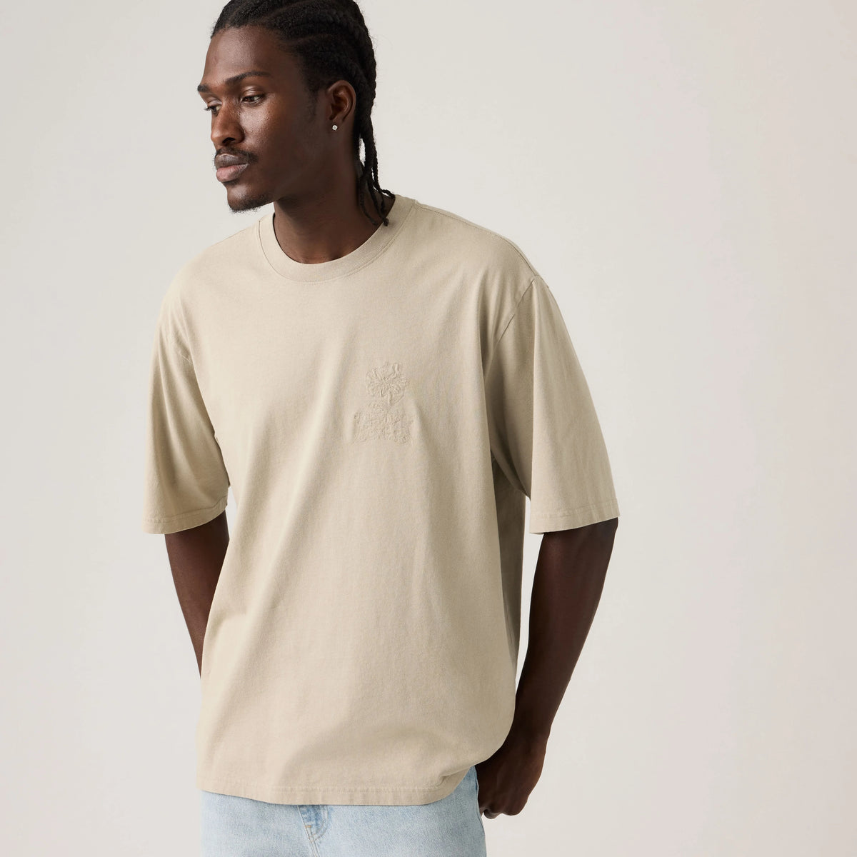 Loose Fit Half-Sleeve Embroidered Graphic T-Shirt - Tonal Vintage Khaki - Tan