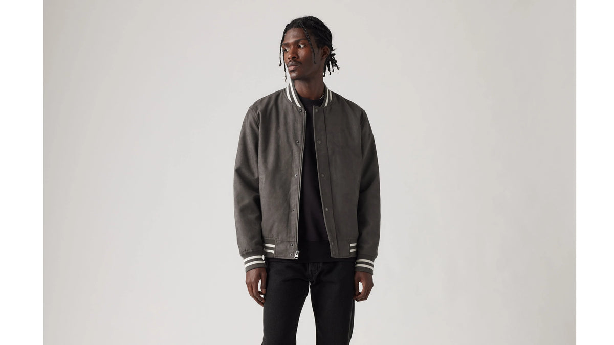 Faux Suede Varsity Jacket - Ash - Grey