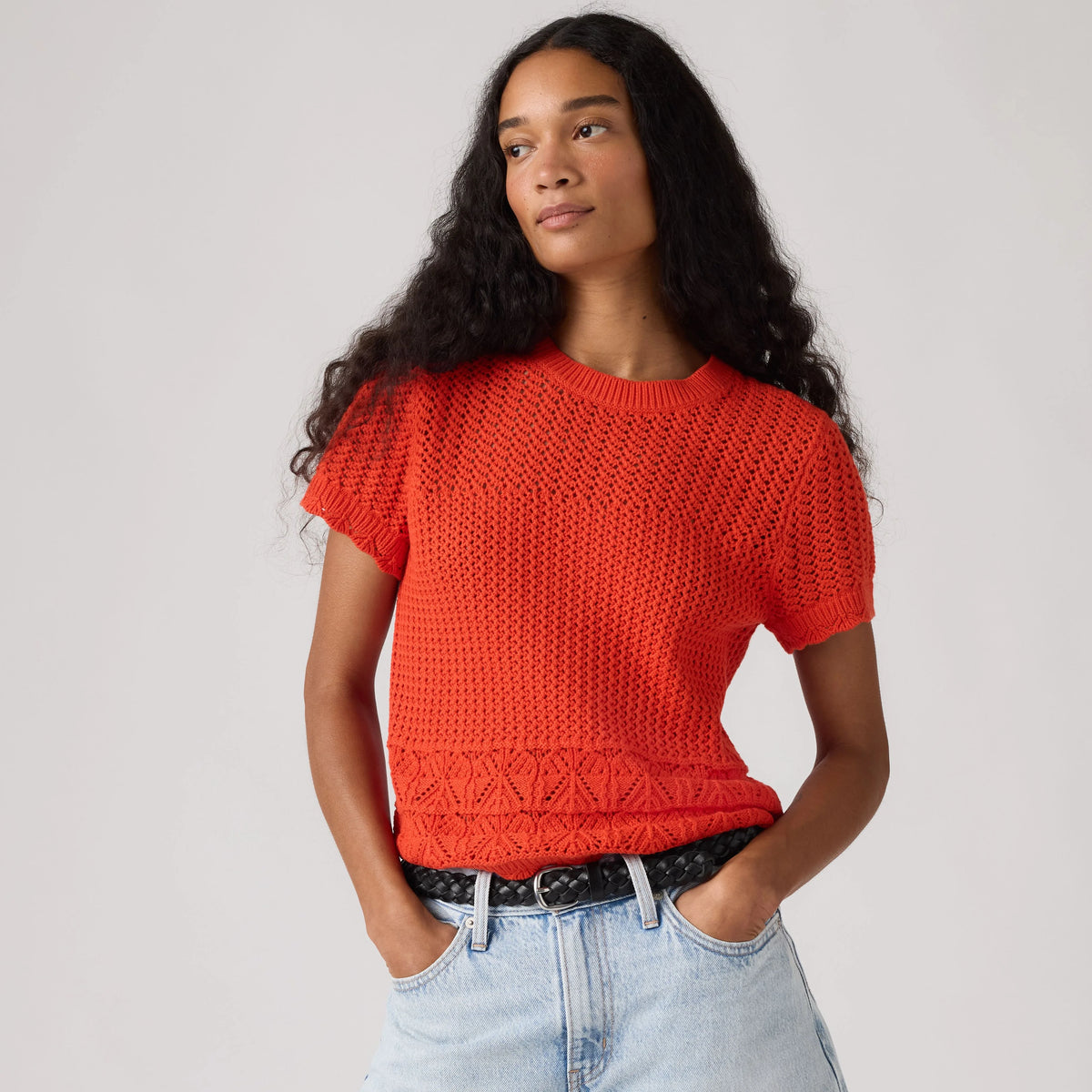 Isabelle Crochet Short Sleeve Sweater - Signal Red - Red
