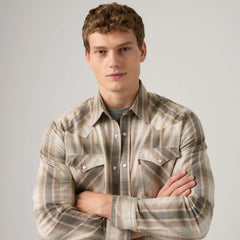 Classic Western Standard Fit Shirt - Floyd Plaid White Pepper Twill - Brown