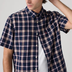 Short-Sleeve Sunset One Pocket Cotton Linen Shirt - Sintra Plaid Dress Blues - Blue
