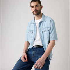 Short Sleeve Boxy Western Shirt - In A Rush - Medium Wash