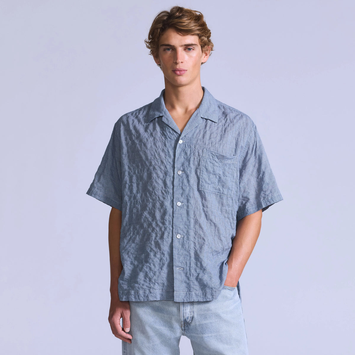 Short-Sleeve Camp Shirt - Mini Plaid - Blue