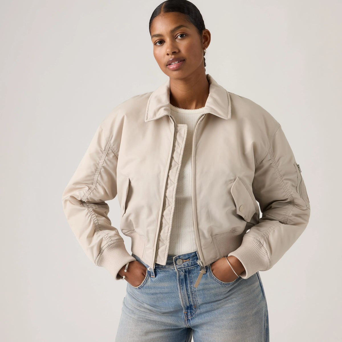 Bowie Cropped Bomber Jacket - Chateau Gray - Grey