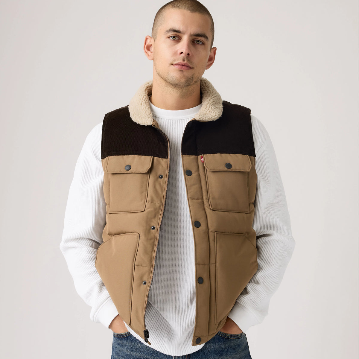Utility Quilted Vest - Tan and Dark Brown