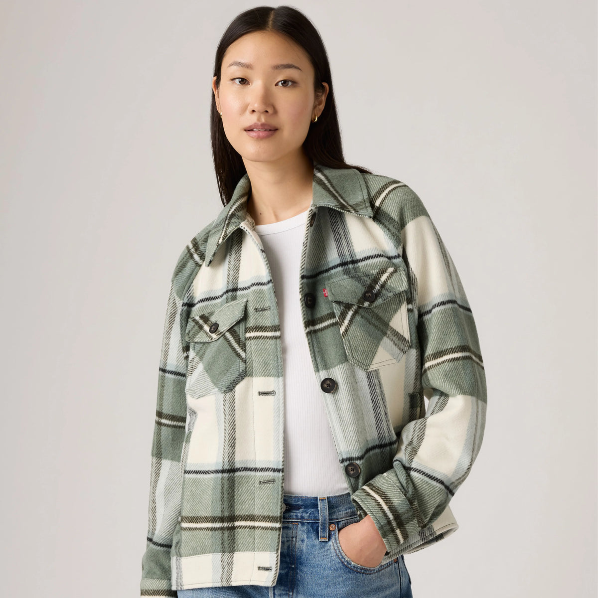 Raglan Sleeve Shirt Jacket - Sea Green Plaid - Green