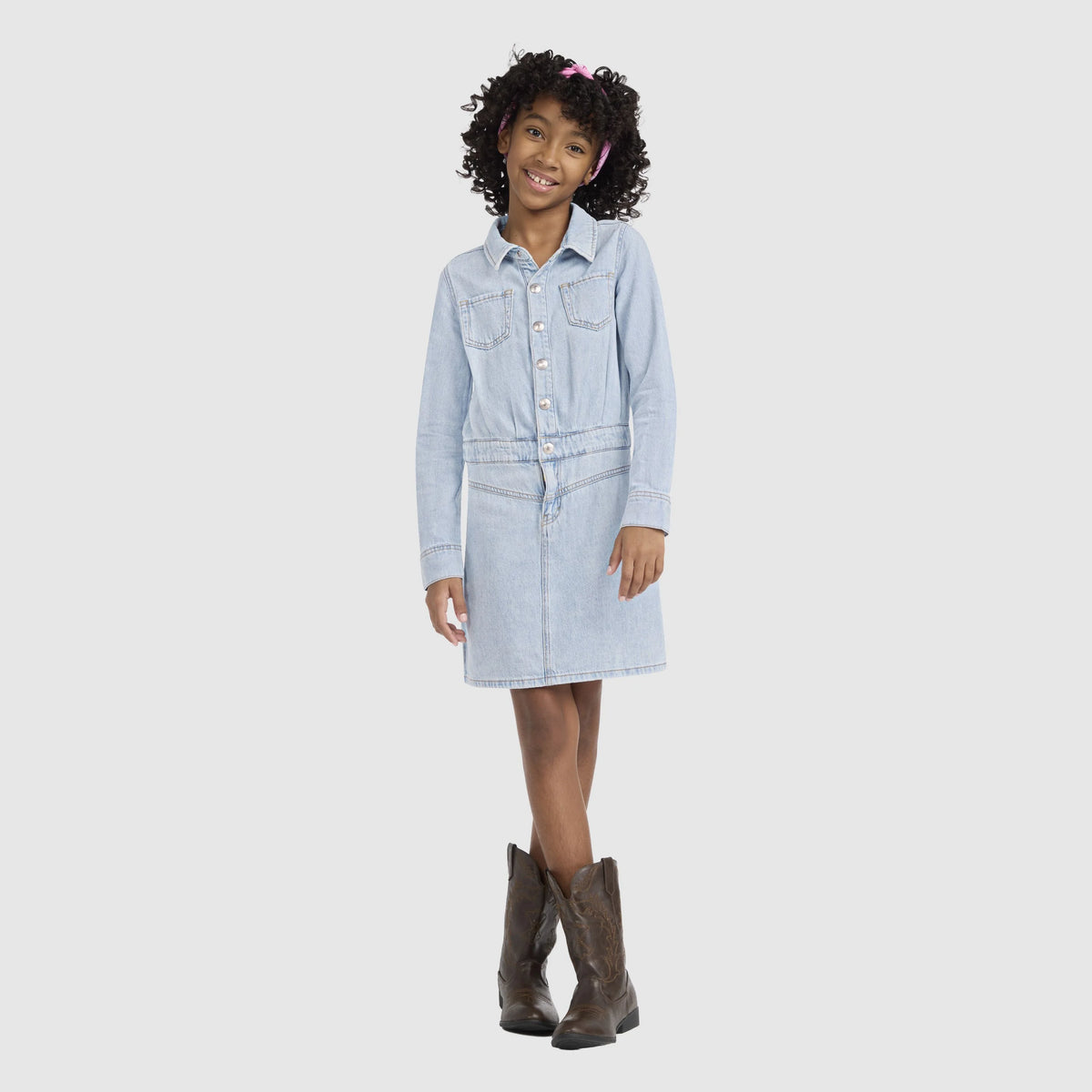 Long Sleeve Western Dress Big Girls 7-16 - This and That - Light Blue
