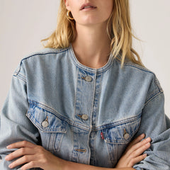 '90s Shrunken Collarless Trucker Jacket - Rural View - Medium Wash