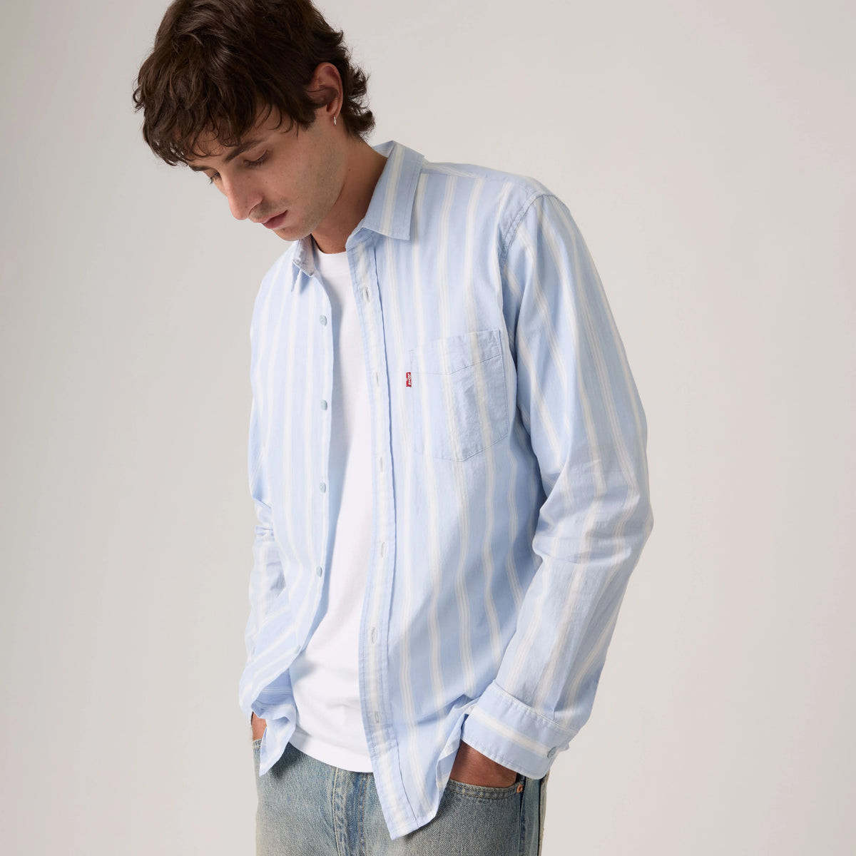 Classic One Pocket Standard Fit Poplin Shirt - Kayden Stripe Chambr - Blue