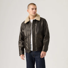 Aviator Jacket with Removeable Sherpa Collar - Dark Brown - Black